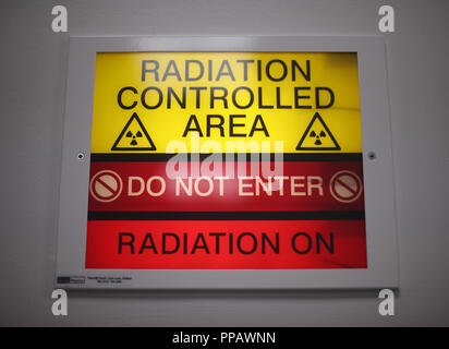 Embargoed to 1700 Monday September 24 A radiation warning sign during the treatment of patient Barry Dolling, aged 65, from Selsdon, Surrey, who was diagnosed with prostate cancer in April 2018, and became the first patient in the UK to receive a pioneering new form of radiotherapy - using a Magnetic Resonance Linear Accelerator (MR Linac) machine - at the Royal Marsden Hospital in Sutton Surrey. Stock Photo