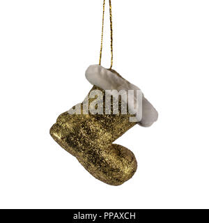 Yellow color Santa Claus boot christmas tree decor ornament isolated on white background Stock Photo