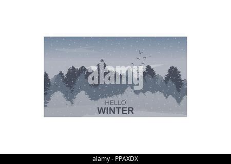 Beautiful Winter Landscape Background with Winter Colored Pine Tree Forest, Snowfall, Text and Ascending Birds. Vector Illustration Stock Vector