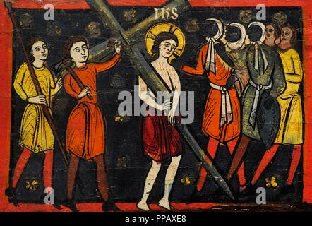 Beam of the Passion, ca. 1192-1220. Christ carrying the cross. Romanesque. Anonymous. Catalan origin. Tempera on wood. National Art Museum of Catalonia. Barcelona. Catalonia. Spain. Stock Photo