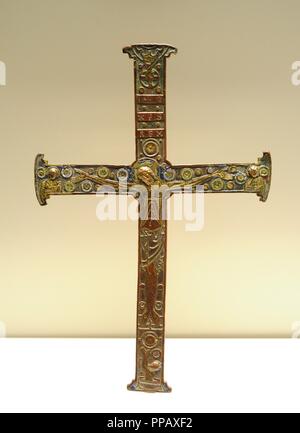 Cross with Christ Crucified, ca.1190. Anonymous. Limoges. Provenance unknown. Chased and gilded copper. National Art Museum of Catalonia. Barcelona. Catalonia. Spain. Stock Photo