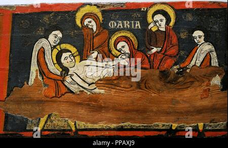 Beam of the Passion, ca. 1192-1220. Detail depicting the Lamentation of Christ. Romanesque. Anonymous. Catalan origin. Tempera on wood. National Art Museum of Catalonia. Barcelona. Catalonia. Spain. Stock Photo