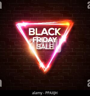 Black friday sale in neon triangle background. Geometric shape glowing tag. Modern shopping sign on brick background. Electric vector illustration. Stock Vector