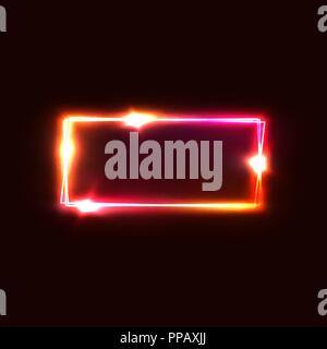 Neon rectangle frame. Square geometric shape with vibrant electric red, pink colors. Led light effect. Glowing design for party, greeting card, fashion show, game design. Shining vector illustration. Stock Vector
