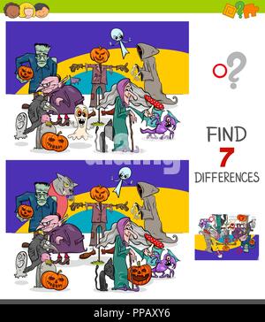 Cartoon Illustration of Finding Ten Differences Between Pictures Educational Game for Children with Halloween Characters Stock Vector