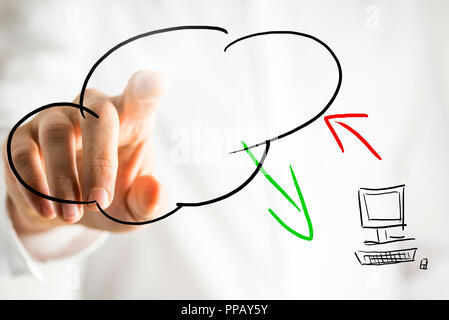 Hand drawn cloud computing pictogram on a virtual interface or screen showing a cloud symbol and computer with data transfer and a male hand touching  Stock Photo