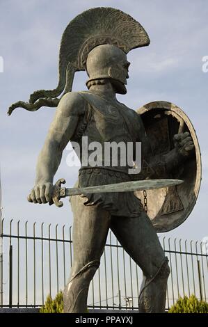 Leonidas I (died 480 BC). Also known as Leonidas the Brave was a Greek hero-king of Sparta, the 17th of the Agiad line King of Sparta[. Leonidas I is notable for his leadership at the Battle of Thermopylae. Monument de Leonidas erected in 1968. Sparta. Greece. Stock Photo