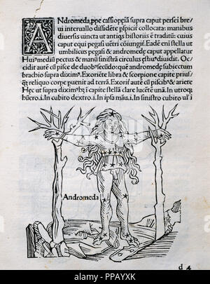 ANDROMEDA. Boreal constellation. She is identified as a young chained woman whose brightest stars represent the head, hips and feet. Engraving of the work 'ASTRONOMICON' by the Spanish-Latin writer Cayo Julio HIGINIO (1st century AD). Edited in Venice in the year 1485. Incunabula. Library of the University of Barcelona. Catalonia. Stock Photo