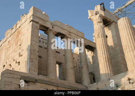 Greek Art. The Propylaea. In 437 BC Mnesicles started building the monument gates with columns of Pentelic marble. (437-432 BC). Acropolis. Athens. Attica. Central Greece. Europe. Stock Photo