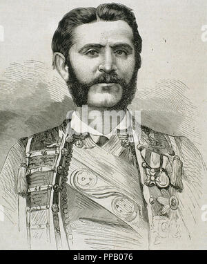 Nicholas I (1841- 1921). Prince (1860-1910) and King of Montenegro (1910-1918). Acceded to the throne after the murder of his uncle Danilo I (1860). Engraving. 1875. Stock Photo