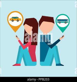 gps navigation transportation couple sitting using locaiton telephones vector illustration Stock Vector