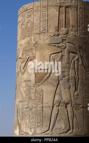 Egyptian Art. Temple of Kom Ombo. Ptolemaic Dynasty. 2nd century B.C. Dedicated to the crocodile god Sobek and falcon god Haroeris. Relief depicting the god Sobek wearing shuty crown. Stock Photo