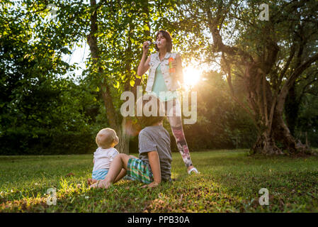 Two toddler boys sitting in a green grass looking at their mom blowing soap bubbles in a park under trees backlit by setting evening sun. Stock Photo