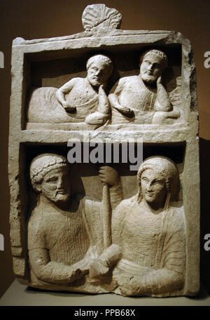 Phoenician art. Cyprus. 4th century BC. Classical Period. Grave marker depicting two men reclining at a banquet (top) and a couple (bottom). Limestone. It comes from Golgoi (Cyprus). Metropolitan Museum of Art. New York. United States. Stock Photo