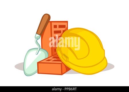 Construction tools - Trowel, bricks and safety helmet vector illustration on white background Stock Vector