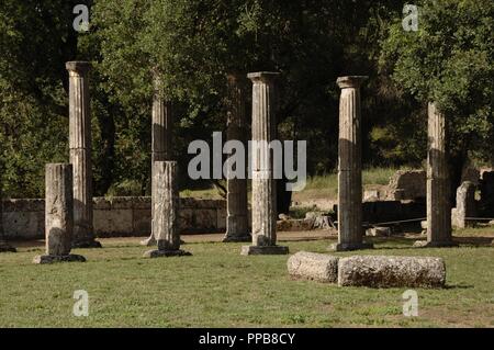 Greece. Peloponesse. Olympia. Santuary of ancient Greece in Elis. Palaestra (3rd century BC). Hellenistic Period. Ruins. Stock Photo