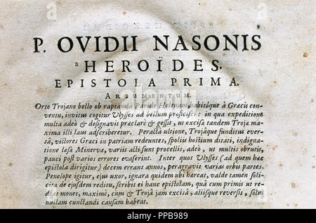 Publius Ovidius Naso (43 B.C.-17/18 A.C.), known as Ovid. Roman poet. The Heroides ('Heroines') or Epistulae Heroidum. Text in Latin. First page. Letter from Penelope to Ulysses. Lyon, 1689. Stock Photo