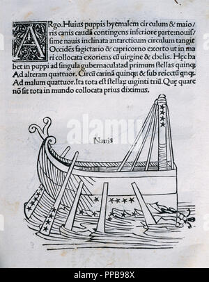 Argo Navis. Mythological interpretation of the constellation of the Southern Hemisphere, represented by the ship Argo, used by Jason and the Argonauts to retrieve the Golden Fleece. Engraving in Poeticon Astronomicon, by Gaius Julius Hyginus (ca.64 BC-17 AD). Edited in Venice, 1485. Incunable. Stock Photo