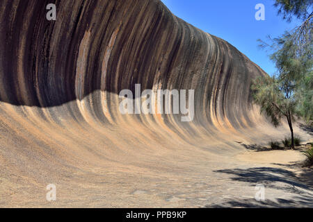 Shadows on Wave Rock  a unique granite rock shaped like a wave at Hyden, South Western Australia Stock Photo