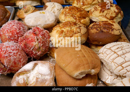 Traditional Mexican sweet buns and other baked goods for sale in in the Mercado Pino Suarez Market,  Mazatlan, Sinaloa, Mexico Stock Photo