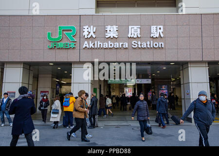 TOKYO, JAPAN - 19 FEB 2018: Japanese people and tourists visiting Akihabara JR and metro station at daytime Stock Photo