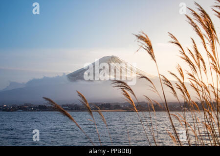 KAWAGUCHI, SAITAMA, JAPAN - 20 FEB 2018: Mount Fuji with low level clouds and lake Kawaguchi-ko at sunset Stock Photo