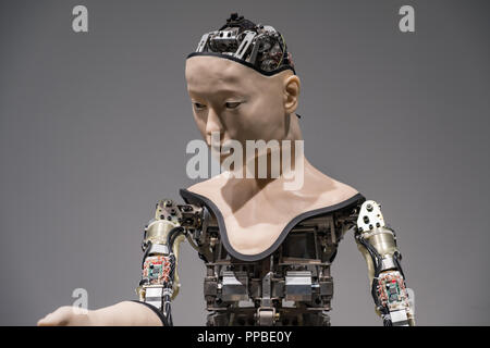 TOKYO, JAPAN - 21 FEB 2018: Humanoid robot performing show in Miraikan National Museum of Emerging Science and Innovation Stock Photo