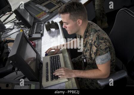 U.S. Marine Corps Lance Cpl. Devin Beasley, air traffic controller, Headquarters & Headquarters Squadron, Marine Corps Air Station (MCAS) Camp Pendleton, updates the weather report at the air traffic control tower at MCAS Camp Pendleton, California, Aug. 24, 2018.  The weather report is constantly updated at the tower so pilots are aware of the weather conditions for operational purposes. Stock Photo