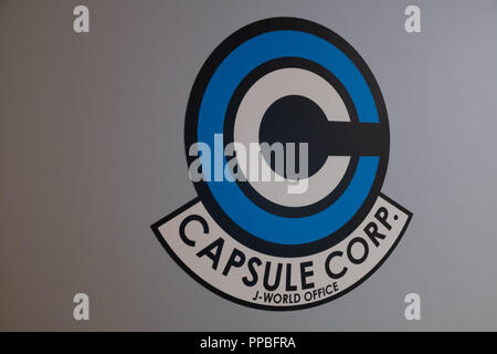 TOKYO, JAPAN - 23 FEB 2018: Capsule Corp logo of Dragon Ball super in a wall on J-World theme park in Toshima district Stock Photo