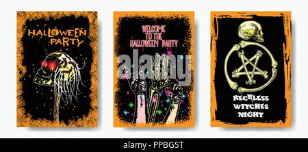 Set of six hand drawn style Halloween poster designs with Halloween symbols and calligraphy.  Colourful flyers and party invitation designs. Vector. Stock Vector