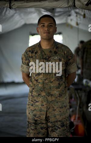 U.S. Navy Petty Officer 1st Class Michael Soto, a corpsman with 1st Medical Battalion, 1st Marine Logistics Group, poses for a photo during the Humanitarian Assistance Disaster Relief Village demonstration in Los Angeles, Calif., Aug. 28, 2018. The event included static displays from the U.S. Marines, City of Los Angeles public safety agencies, Los Angeles County Office of Emergency Management and several non-profit partners. I MEF provides the Marine Corps a globally responsive, expeditionary, and fully scalable Marine Air-Ground Task Force (MAGTF), capable of generating, deploying, and emplo Stock Photo