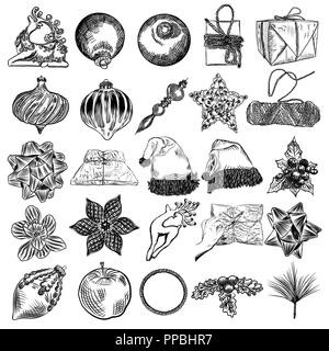 Set of  Christmas hand drawn icons. Xmas engraved objects isolated over white background.  New Year objects, symbols, elements for DIY designs. Vector Stock Vector