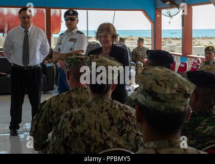 U.S. Ambassador to the Democratic Republic of Timor-Leste Kathleen Fitzpatrick delivers a speech during the closing ceremony of CARAT Timor-Leste 2018 at Hera Naval Base, Aug. 30, 2018. CARAT Timor-Leste 2018 is designed to address shared maritime security concerns, build relationships and enhance interoperability among participating forces. Stock Photo