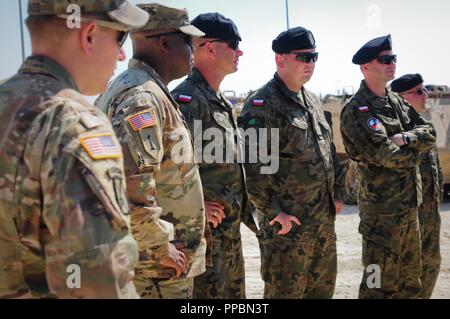 U.S. Army Lt. Col. Kelvin Swint, the commander of 2nd Battalion, 5th Cavalry Regiment, 1st Armored Brigade Combat Team, 1st Cavalry Division and Polish soldiers listen to U.S. Army Capt. Ben Nygaard of Charlie Company, 2-5 Cav, 1st ABCT, 1st CD explain the equipment capabilities of the M2A3 Bradley Fighting Vehicles at the Mihail Kogalniceanu Air Base in Romania, Sept. 3, 2018. U.S. Army leaders of 2-5 Cav, 1st ABCT, 1st CD met with Polish soldiers to discuss future joint training opportunities in support of Atlantic Resolve, an enduring training exercise between NATO and U.S. forces. Stock Photo