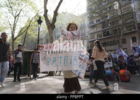 City Of Buenos Aires, City of Buenos Aires, Argentina. 24th Sep, 2018. INT. WorldNews. 2018, September 24. City of Buenos Aires, Argentina.- Unions carry out a 36-hour national strike (from midday of September 24 up to midnight of September 25) and manifestate to Plaza de Mayo, City of Buenos Aires, Argentina, against the IMF and the economics and social policy of Mauricio MacriÂ´s government. Tomorrow the ConfederaciÃ³n General del Trabajo (CGT in Spanish, the greatest union in Argentina) will join the strike for 24 hours. Credit: Julieta Ferrario/ZUMA Wire/Alamy Live News Stock Photo