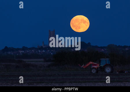 Ely, United Kingdom. 24th September 2018. Harvest moon rises behind Ely ...