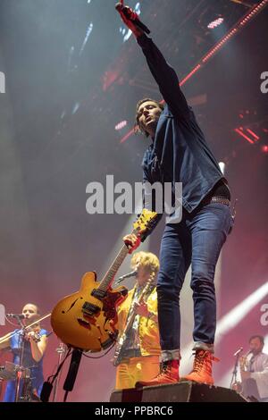 Las Vegas, Nevada, USA. 23rd Sep, 2018. SARAH NEUFELD, WILLIAM REED PARRY, WIN BUTLER and STUART BOGIE of Arcade Fire during Life Is Beautiful Music Festival in Las Vegas, Nevada Credit: Daniel DeSlover/ZUMA Wire/Alamy Live News Stock Photo