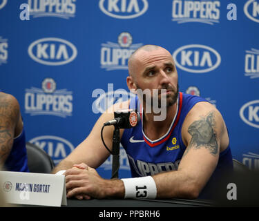 Los Angeles, CA, USA. 24th Sep, 2018. LA Clippers center Marcin Gortat (13) at Los Angles Clippers Media Day at Training Facility on September 24, 2018. (Photo by Jevone Moore) Credit: csm/Alamy Live News Stock Photo