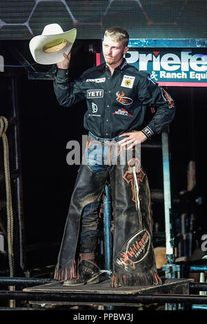 September 23, 2018 - Fairfax, Virginia, U.S - GAGE GAY is introduced to the crowd before the second night of competition held at EagleBank Arena in Fairfax, Virginia. (Credit Image: © Amy Sanderson/ZUMA Wire) Stock Photo