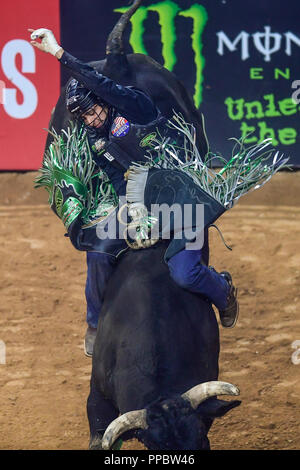 September 23, 2018 - Fairfax, Virginia, U.S - CLAUDIO MONTANHA JR rides a bull named Lethal Larry during the second night of competition held at EagleBank Arena in Fairfax, Virginia. (Credit Image: © Amy Sanderson/ZUMA Wire) Stock Photo