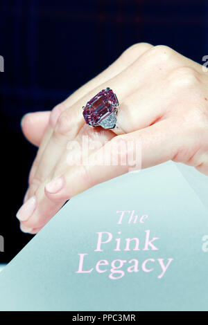 London, UK. 25th Sep 2018. The Pink Legacy Diamond at Christie's Auction House, London, Tuesday, September 25, 2018. The 18.96 carat diamondis the largest fancy vivid pink diamond to be auctioned in Christie's history.  It is estimated to fetch up to $50 million when it comes to auction on November 13, in Geneva.   Photograph : © Luke MacGregor Credit: Luke MacGregor/Alamy Live News