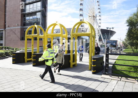 Liverpool, UK, 25th September 2018, security arches, outside the Echo Arena for the Labour Party Conference. Credit David J Colbran / Alamy Live News Stock Photo