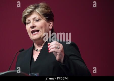 Liverpool, UK. 25th Sep 2018. Labour Party Annual Conference 2018, Albert Docks, Liverpool, England, UK. 25th. September, 2018. Emily Thornberry M.P. Shadow First Secretary of State speaking on Security at Home and Abroad at the Labour Party Annual Conference 2018. Alan Beastall/Alamy Live News Stock Photo