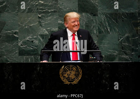 United Nations. 25th Sep, 2018. U.S. President Donald Trump addresses the General Debate of the 73rd session of the UN General Assembly at the UN Headquarters in New York, Sept. 25, 2018. Credit: Li Muzi/Xinhua/Alamy Live News Stock Photo