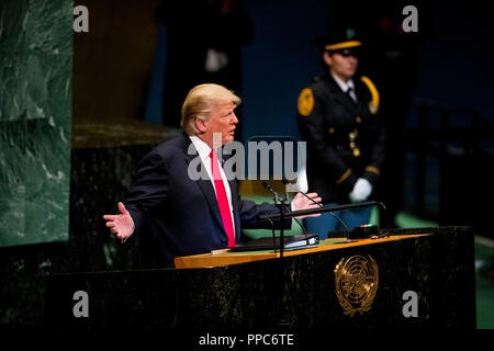 United Nations. 25th Sep, 2018. U.S. President Donald Trump addresses the General Debate of the 73rd session of the UN General Assembly at the UN Headquarters in New York, Sept. 25, 2018. Credit: Wang Ying/Xinhua/Alamy Live News Stock Photo