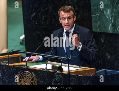 New York, USA, 25 September 2018. French President Emmanuel Macron addresses the United Nations General Assembly in New York city. Photo by Enrique Shore Credit: Enrique Shore/Alamy Live News Stock Photo