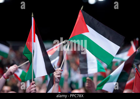 Liverpool, UK. 25th September 2018. Delegates wave Palestine flags the Labour Party Conference in Liverpool. © Russell Hart/Alamy Live News. Stock Photo