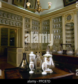 NEW PHARMACY OF CARLOS IV. Detail of some of the equipment used, made with materials such as Cristal from 'La Granja' or porcelain from 'El Buen Retiro'. MADRID ROYAL PALACE. Spain. Stock Photo