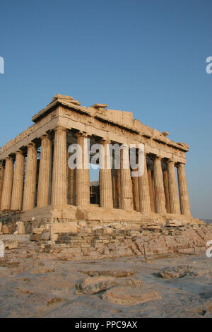 Greek Art. Parthenon. Was built between 447-438 BC. in Doric style under leadership of Pericles. The building was designed by the architects Ictinos and Callicrates. Acropolis. Athens. Attica. Central Greek. Europe. Stock Photo