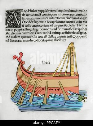Argo Navis. Mythological interpretation of the constellation of the Southern Hemisphere, represented by the ship Argo, used by Jason and the Argonauts to retrieve the Golden Fleece. Engraving in Poeticon Astronomicon, by Gaius Julius Hyginus (ca.64 BC-17 AD). Edited in Venice, 1485. Incunable. Colored. Stock Photo